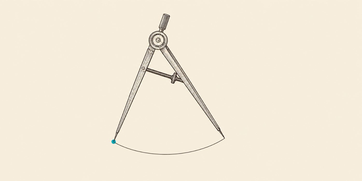 Engraving of a drafting compass drawing a single arc, its pivot a teal point