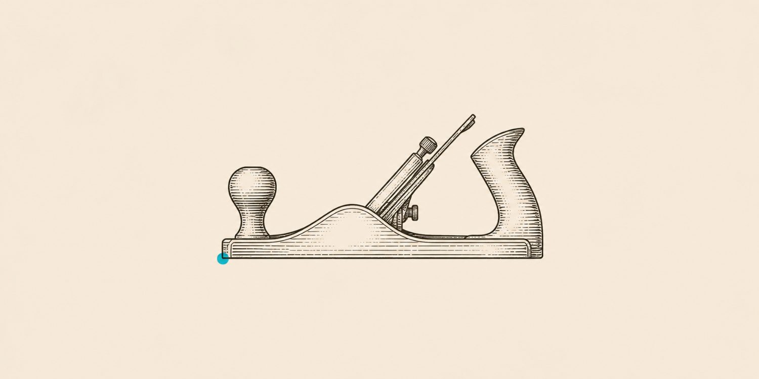Engraving of a single hand plane, its working end marked by a teal point