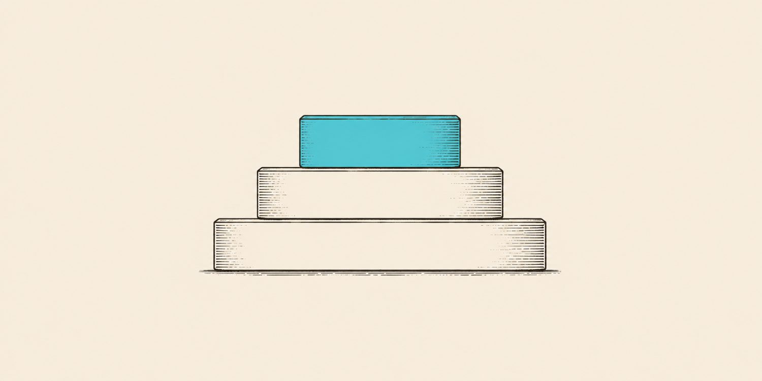 Engraving of three stacked bars forming a pyramid, the top tier teal