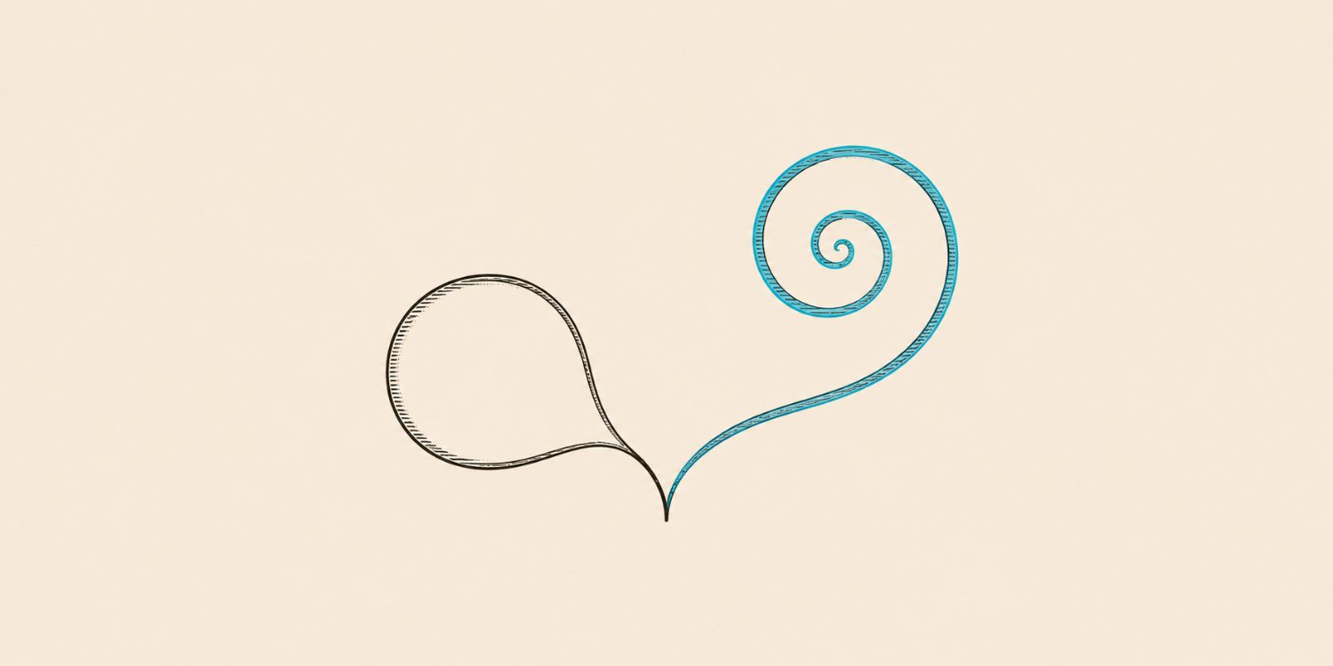 Engraving of one line splitting into a sepia loop and an ascending teal spiral